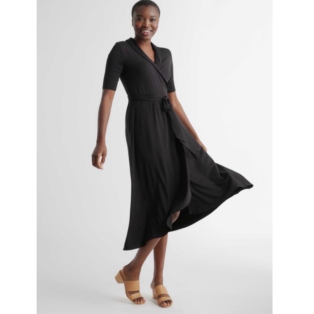 Quince Tencel Jersey Midi Wrap Dress Size M Black Elbow Sleeve Shawl Collar NWT